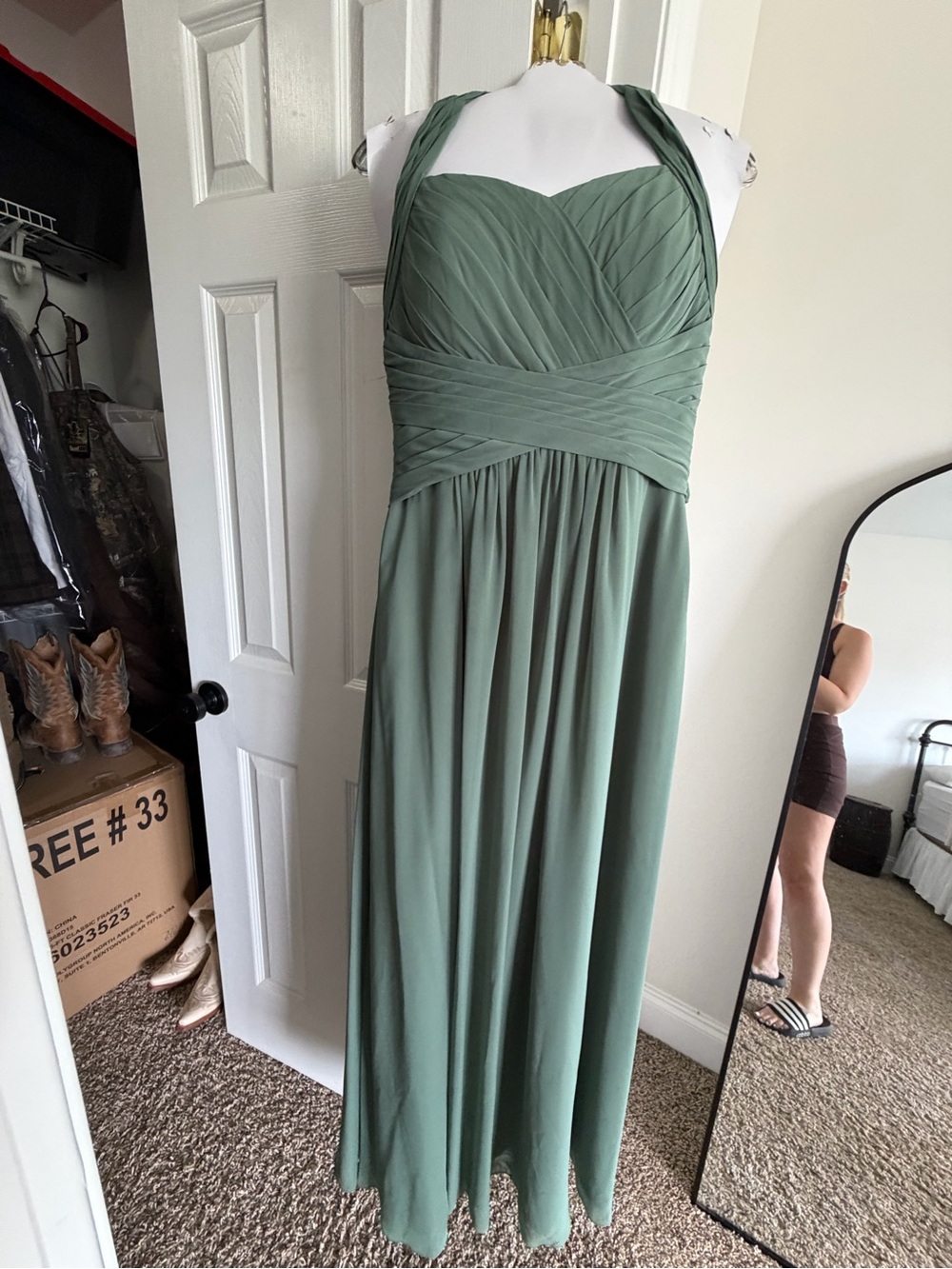 Azazie Sage Green Halter Pleated Maxi Dress
